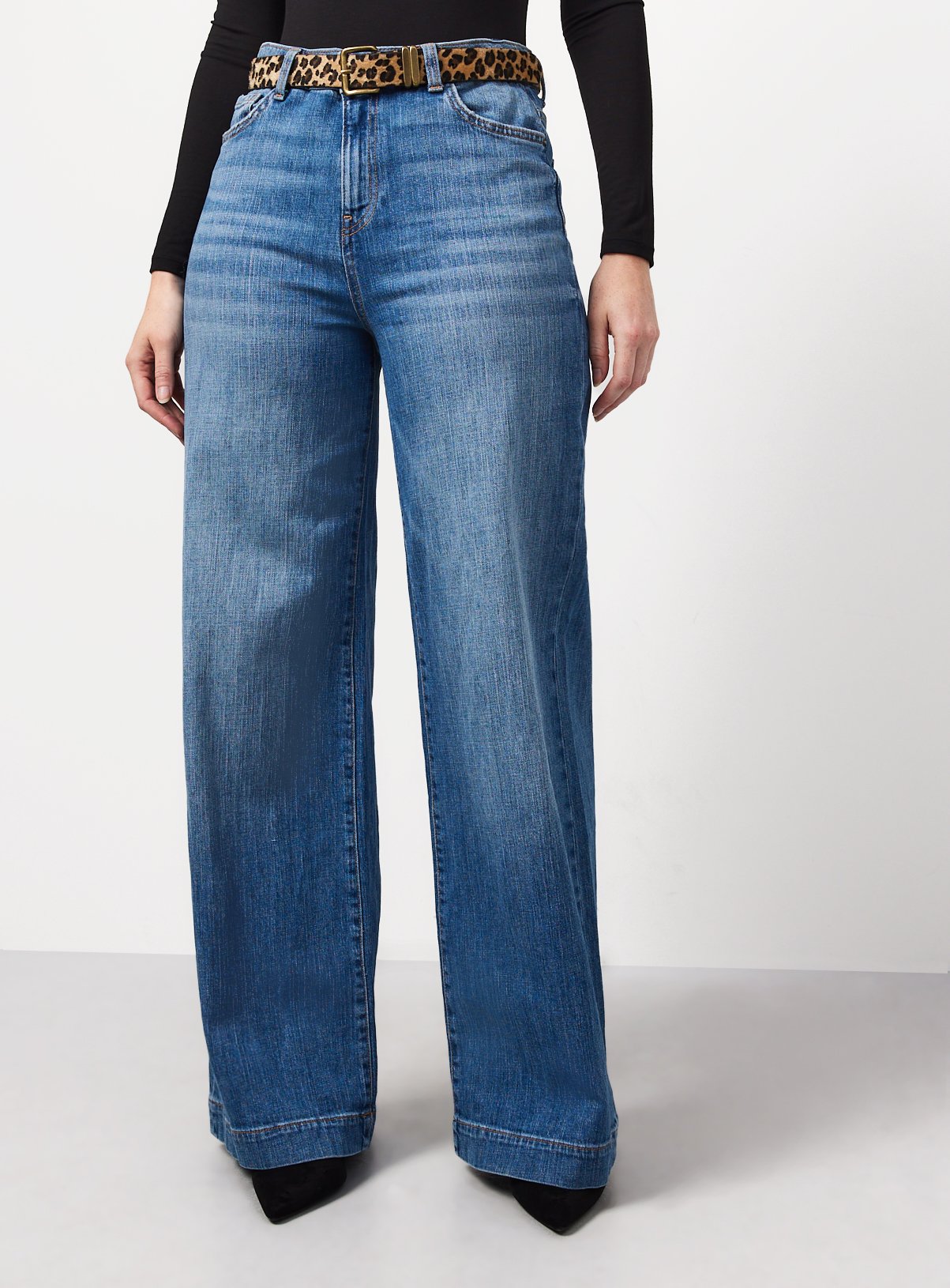 Mid Denim Belted Relaxed Flare Jeans 14S - Image 2 thumbnail
